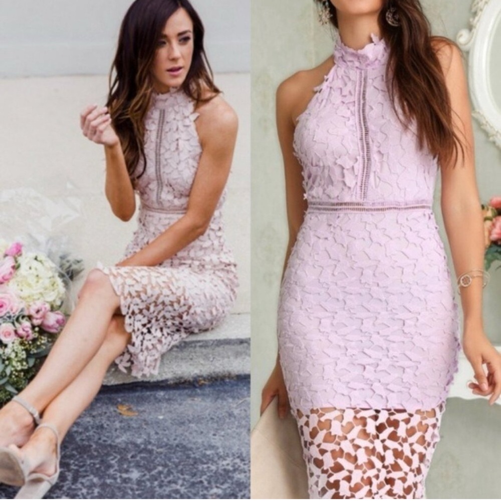 Bardot Gemma Dress Medium Lavander Crochet High Neck Open Back